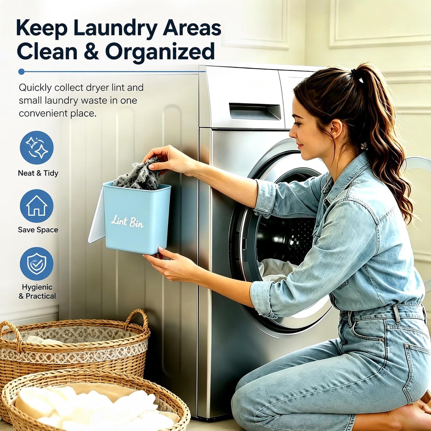 Magnetic Lint Bin with Lid for Laundry Room, Compact Plastic Dryer Lint Holder, Small Laundry Trash Container for Dryer Lint & Used Dryer Sheets, Space Saving Storage Decor Organizer (Black)