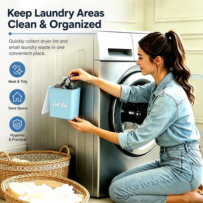Magnetic Lint Bin with Lid for Laundry Room, Compact Plastic Dryer Lint Holder, Small Laundry Trash Container for Dryer Lint & Used Dryer Sheets, Space Saving Storage Decor Organizer (Black)