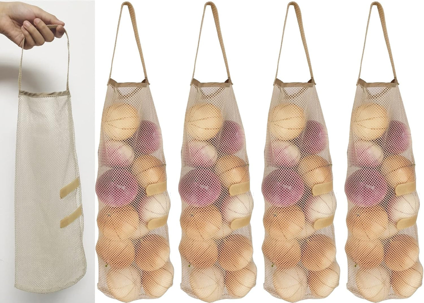 Hanging Mesh Storage 5Pack Potato & Onion Bags - Large Reusable Net Produce Bags (Beige)