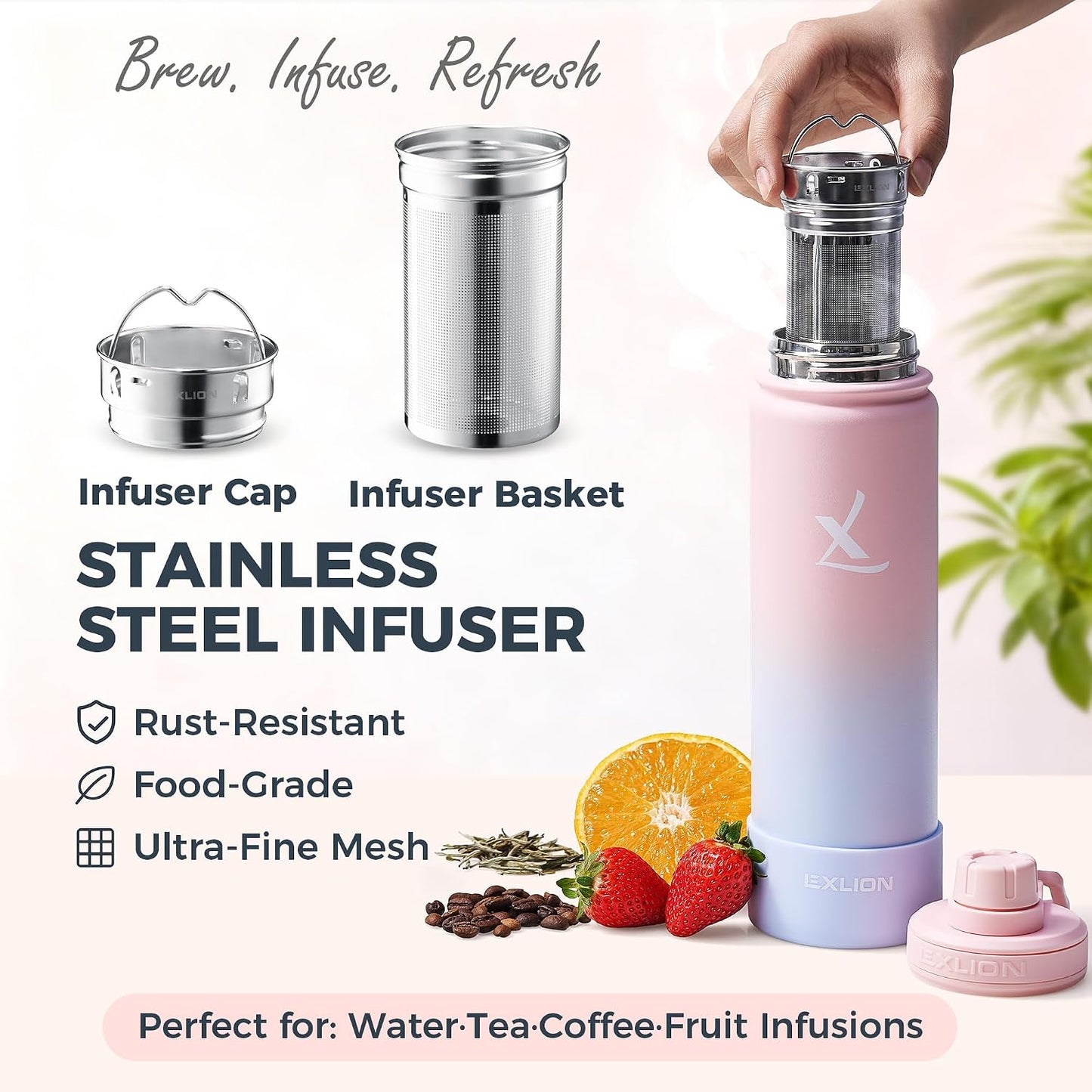 Lexlion Tea Infuser Water Bottle 22 Oz – Triple Wall Insulated Stainless Steel, Loose Leaf & Fruit Strainer, 3 Leakproof Lids, BPA-Free Silicone Sleeve, Reusable Thermal Mug