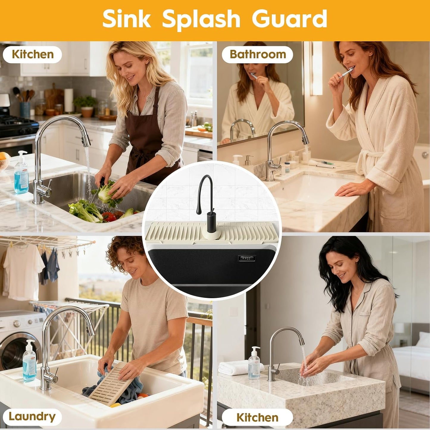 16" Silicone Faucet Mat for Kitchen Sink of The Lastest, Beige | 8° Slope Fast Self-draining, Kitchen Sink Water Splash Guard, Behind Faucet Draining Mat, for Bathroom Kitchen Sink Area