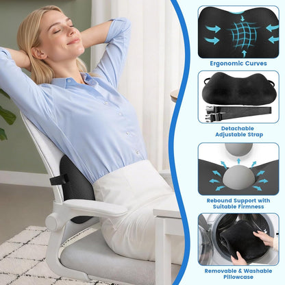 Lumbar Support Pillow, Memory Foam Back Cushion for Office Chair Car, Black | Ergonomic Lower Back Support with Adjustable Strap, Breathable Removable Cover for Couch, Wheelchair and Daily Comfort