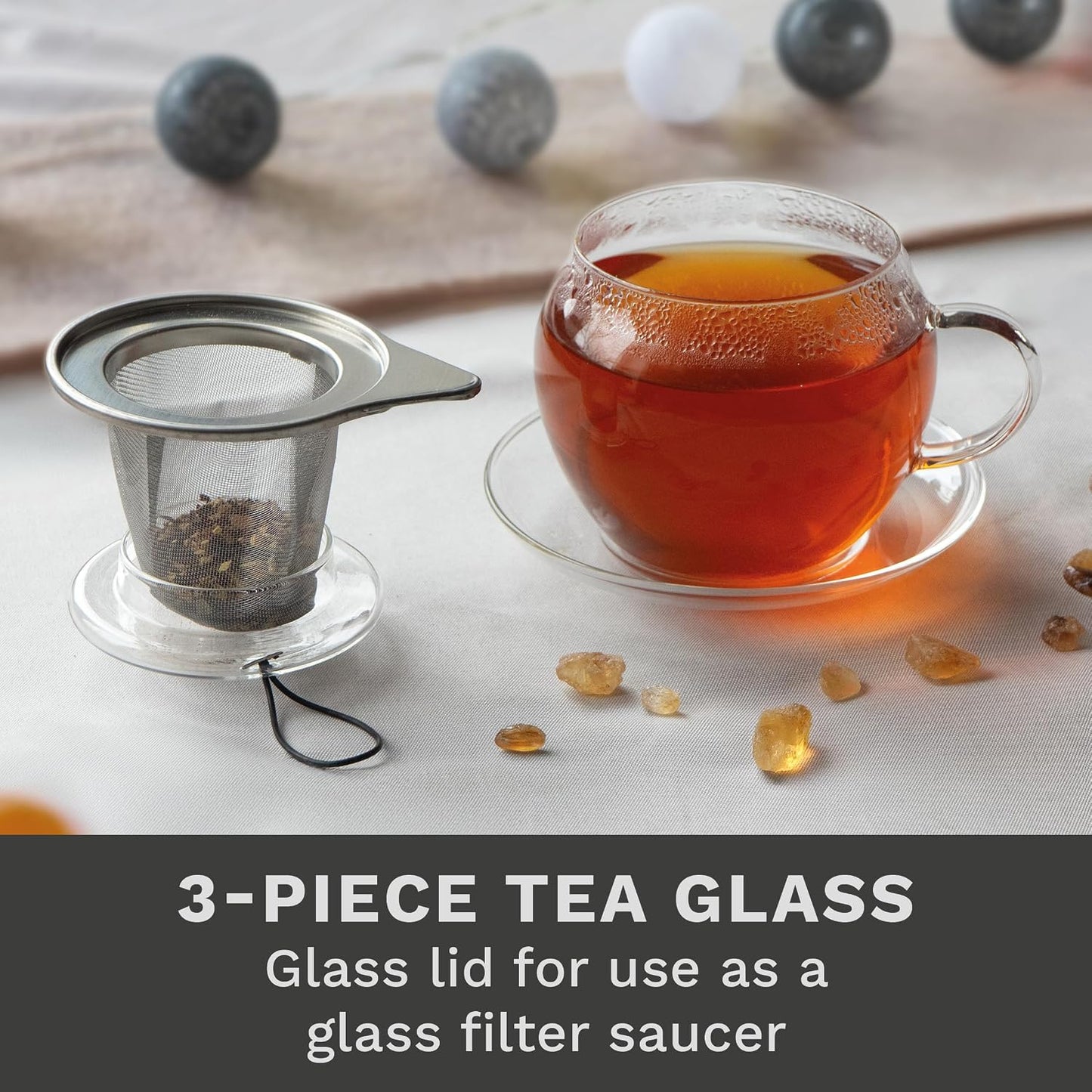 Creano Tea Glass with Infuser and Lid 400ml - Large Tea Cup - Microwave & Dishwasher Safe - Loose Leaf Tea Maker Gift Set