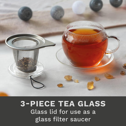 Creano Tea Glass with Infuser and Lid 400ml - Large Tea Cup - Microwave & Dishwasher Safe - Loose Leaf Tea Maker Gift Set