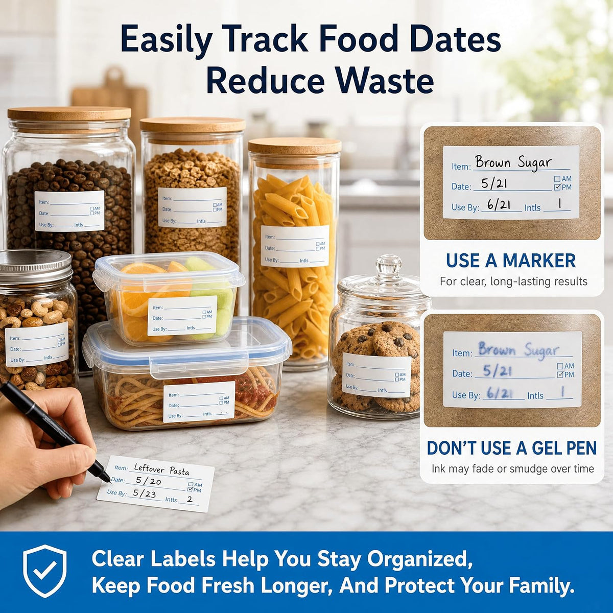 Food Labels for Containers, 2 Rolls, 500 Each, Meal Prep Kitchen Storage.
