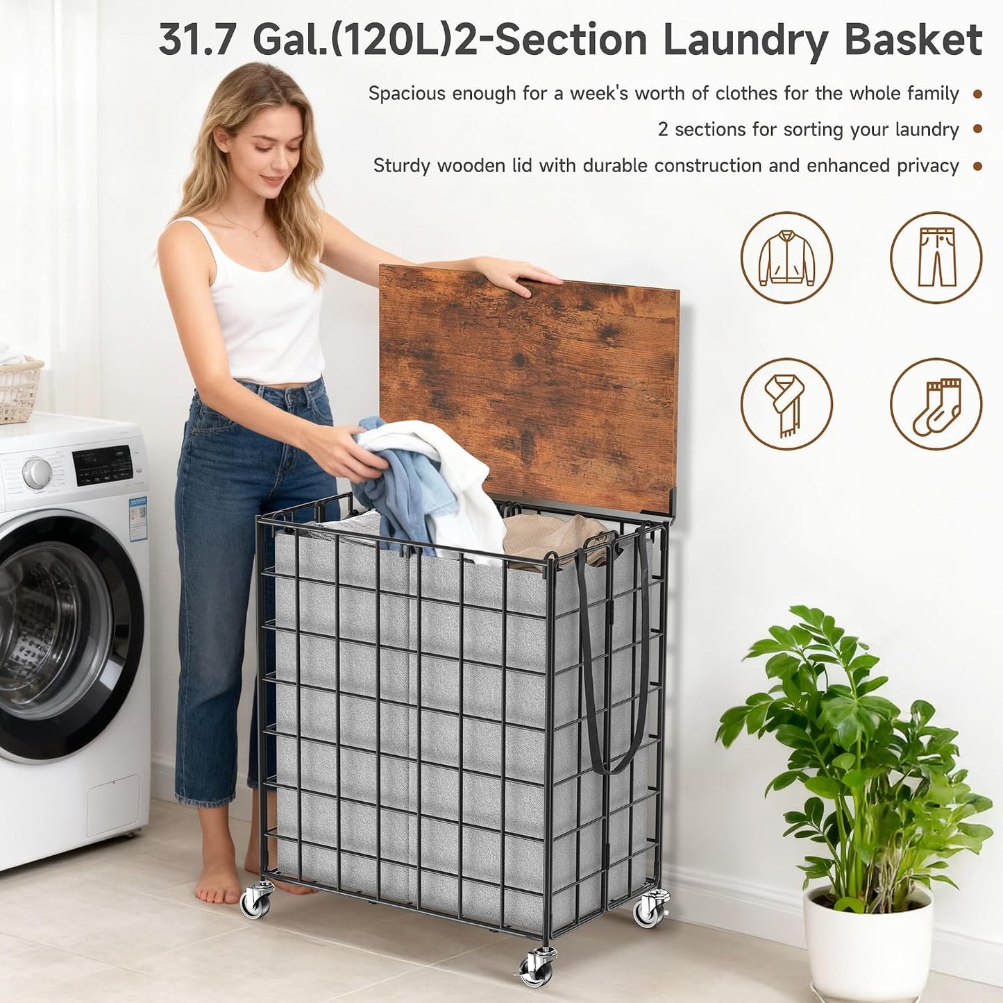 90L Laundry Basket with Wheels, Large Capacity Laundry Hamper with Removable Liner Bags, Heavy Duty Laundry Sorter with Solid Wood Lid & Leather Handles, Grey