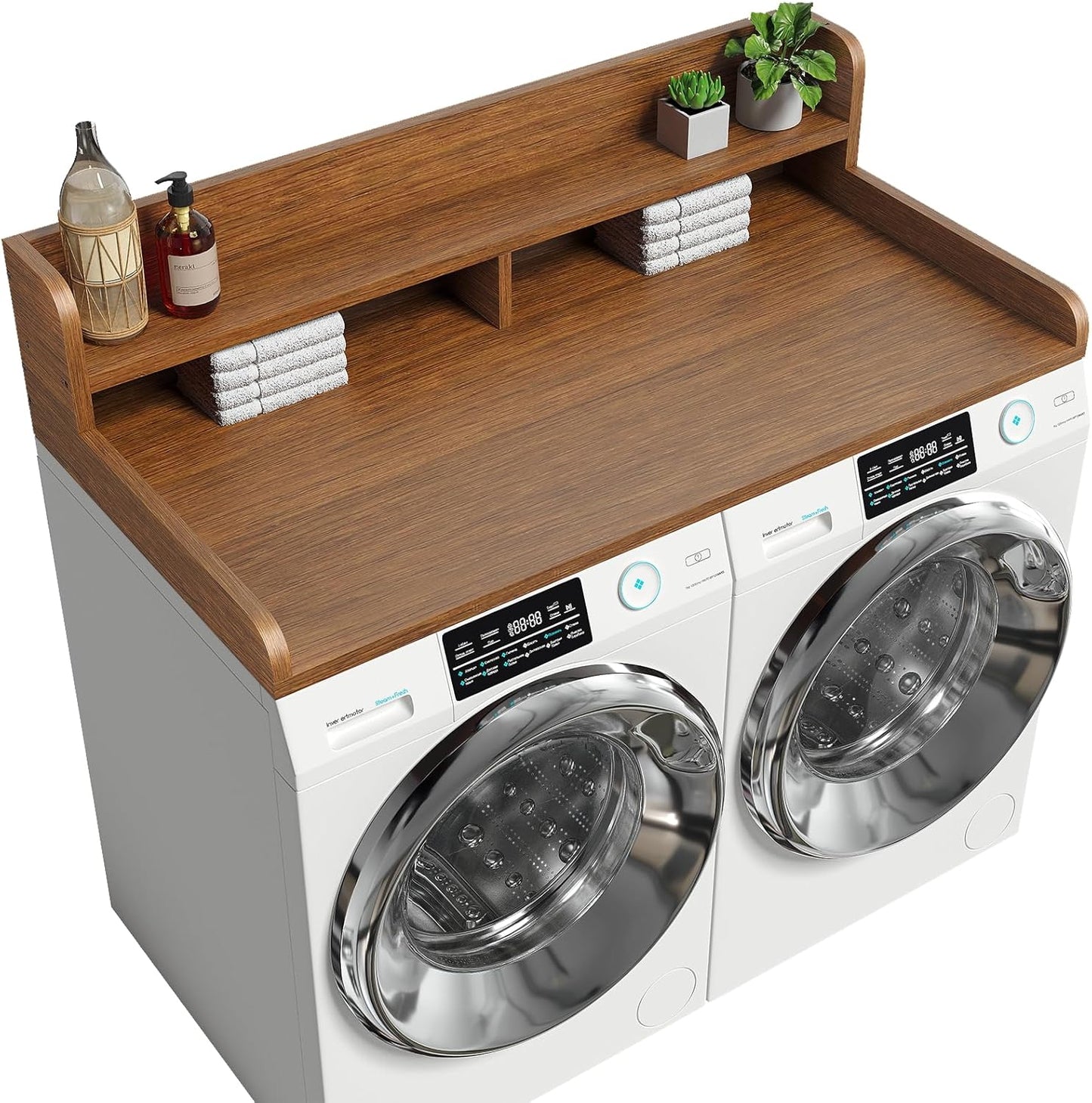 2-Tier Washer Dryer Countertop with 2.75" H Edge Rails, 54" W x 27.55" D Laundry Countertop for Folding Clothes, Washer and Dryer Topper with Non-Slip Pad (Dark Walnut)