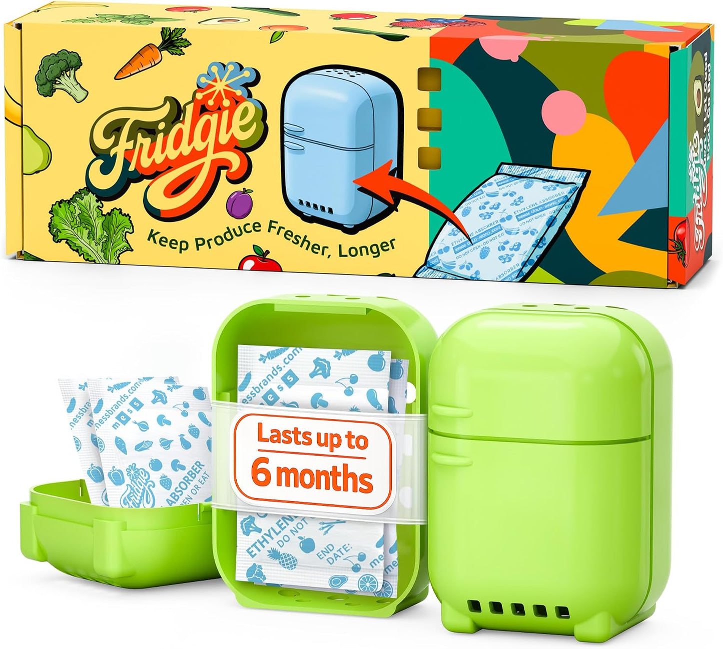 Fridgie Produce Saver, Ethylene Gas Absorber, Fridge Lettuce Keeper - Blue | 4 refill packets, lasts up to 1 year, slows ripening, reduces food waste, crisper drawer, protects berries, herbs, greens