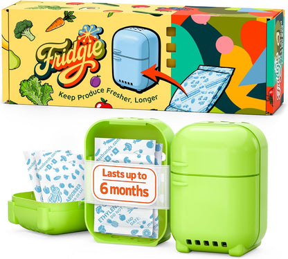 Fridgie Produce Saver, Ethylene Gas Absorber, Fridge Lettuce Keeper - Blue | 4 refill packets, lasts up to 1 year, slows ripening, reduces food waste, crisper drawer, protects berries, herbs, greens