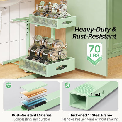 Under Sink Organizer, 2-Pack Pull Out Cabinet Organizer 2 Tier Metal Slide Out Storage Shelf Rack, L-Shaped Adjustable Height,Mesh Sliding Drawer for Kitchen, Bathroom, Laundry, Pantry, White, XL