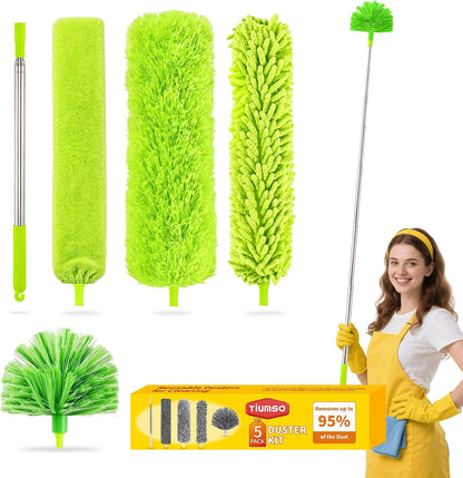Tiumso Microfiber Feather Duster 5-in-1 Kit, Dusters for Cleaning, Duster with Extension Pole 100 Inches, Cobweb Duster, Microfiber Dusters for High Ceilings and Fans, Blinds, Cars and Furniture