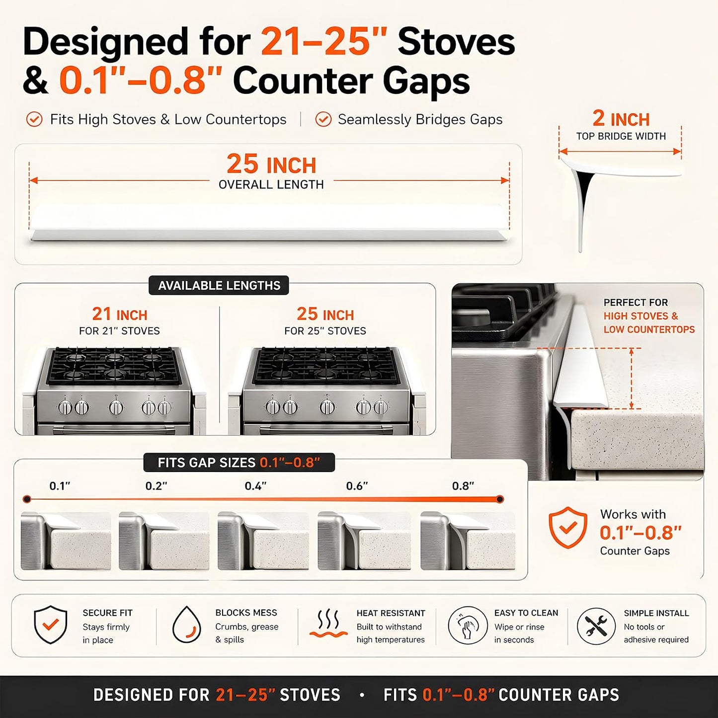 Silicone Stove Counter Gap Cover - 25 Inch Gap Filler 2 Pack Black | Long gap filler seals spills between kitchen appliances Stovetop oven countertop; stove gap cover, gas stove side gap covers