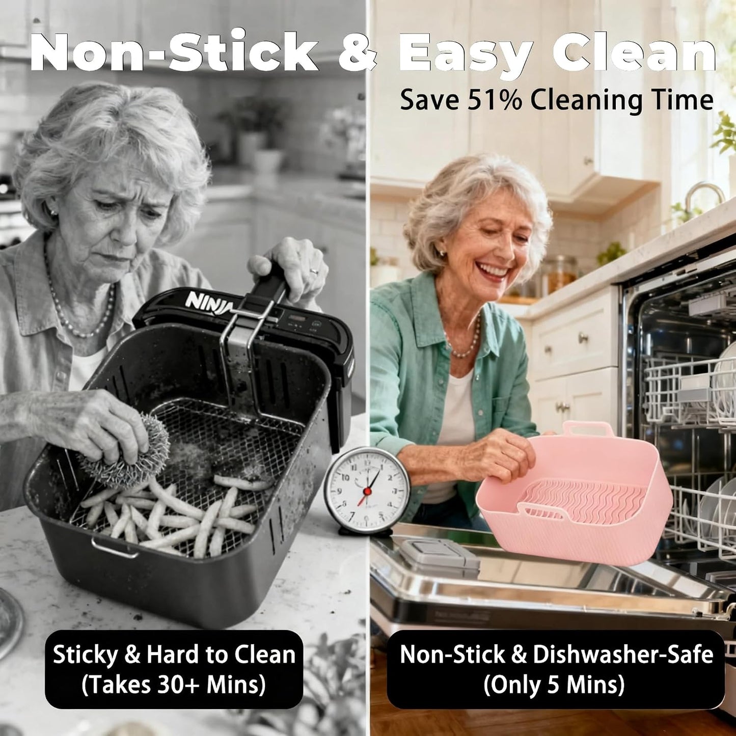 Silicone Air Fryer Liners for Ninja - Reusable DZ201 8QT Dual Basket - Rectangular 2-Pack Vacuum-Packed Easy-Clean Dishwasher-Safe Food-Safe for Home Chefs - Housewarming Gifts