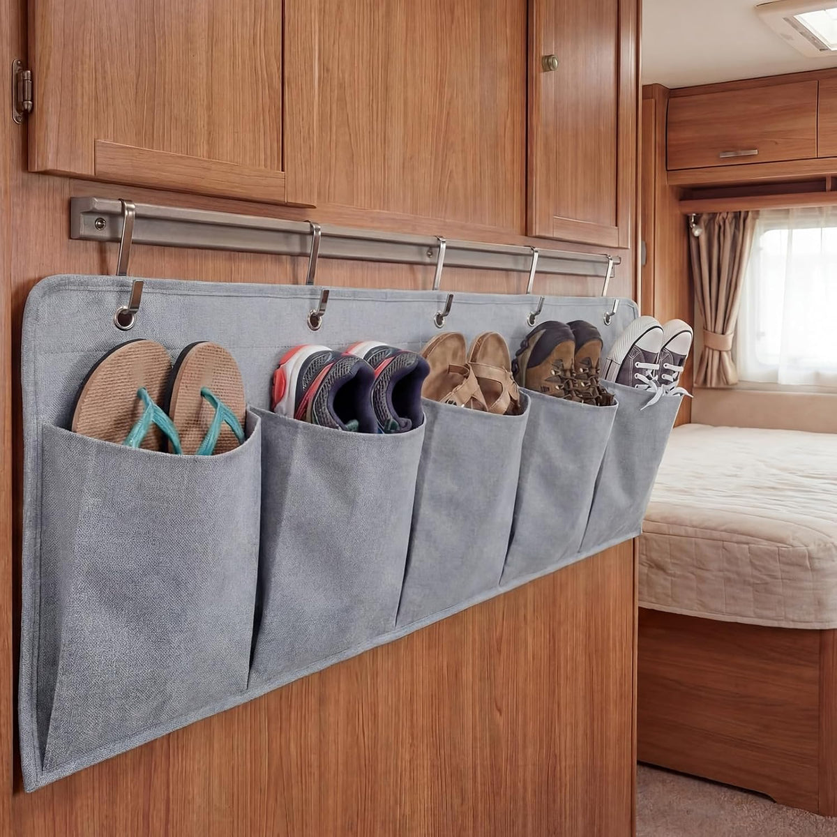 Rv Bedside Storage Organizer, 5 Pocket Camper Van Bed Caddy Bag, Grey