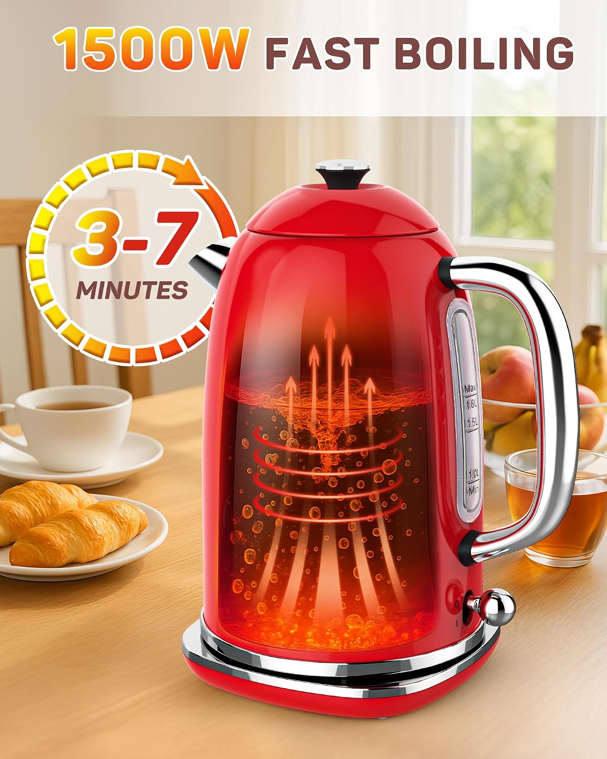 Harriet Electric Kettle, 1.8L Retro Electric Tea Kettle with Thermometer, 1500W Stainless Steel Hot Water Kettle Electric with LED Indicator, Fast Boiling, Cordless, Auto Shut-Off, Yellow