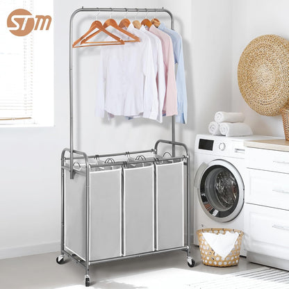STORAGE MANIAC Laundry Sorter with Hanging Bar, Portable, Removable Laundry Hamper Cart with Heavy Duty Lockable Wheels and Removable Bags, Rolling Laundry Basket Organizer 181L, 4 Section Gray