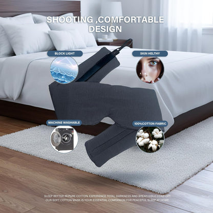 Cotton Sleep Mask for Side Sleepers with Contoured Nose Design, Blackout Eye Mask for Sleeping, Soft Breathable Light Blocking for Men Women, Full Coverage Eye Mask with Ear Covers for Travel