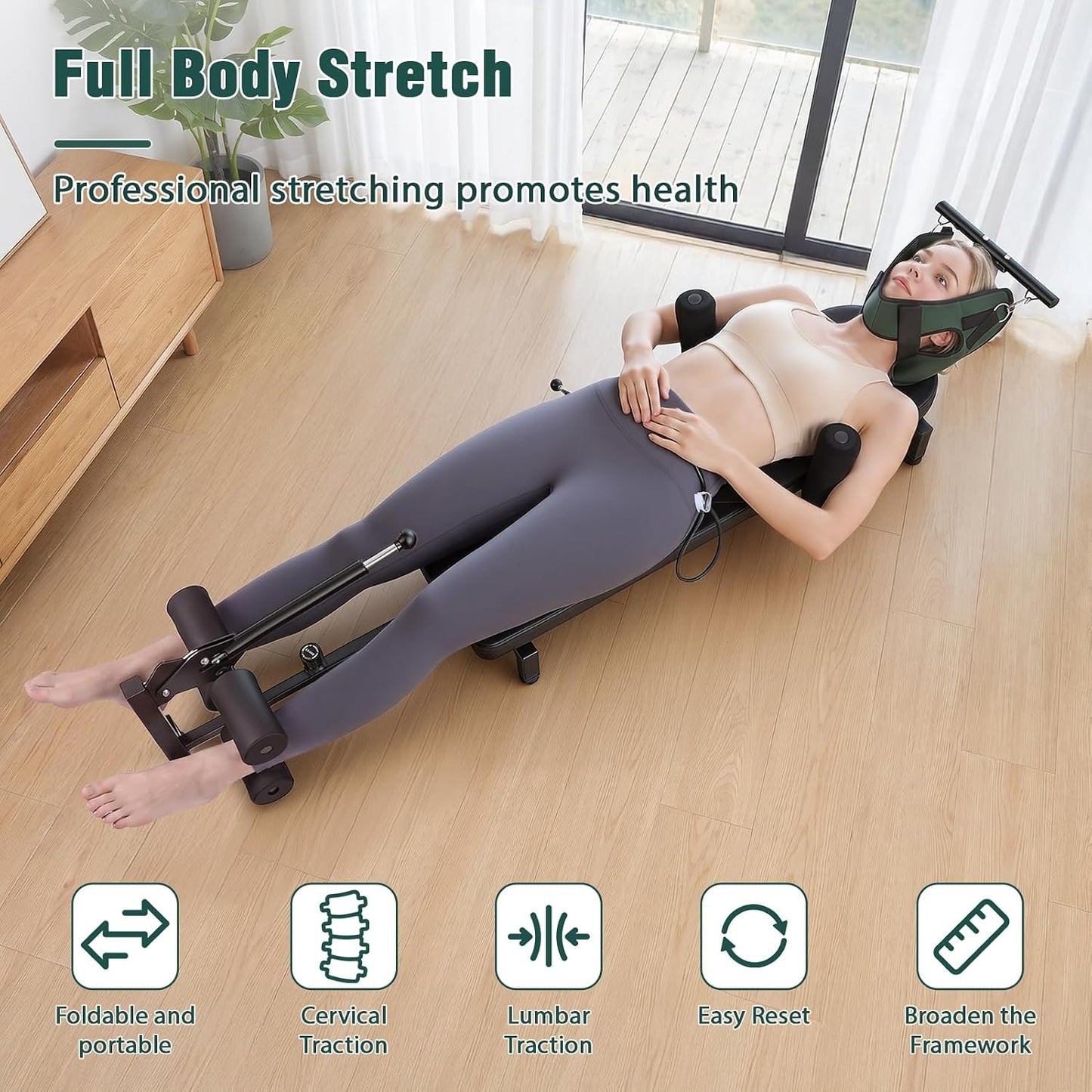 Full Body Traction Table, Adjustable Massage Cervical Traction Bench, Portable Lumbar Stretcher Bed, Home Spine Stretcher Bench for Tension Relief, Lumbar Stretching, 330LBS Capacity Black