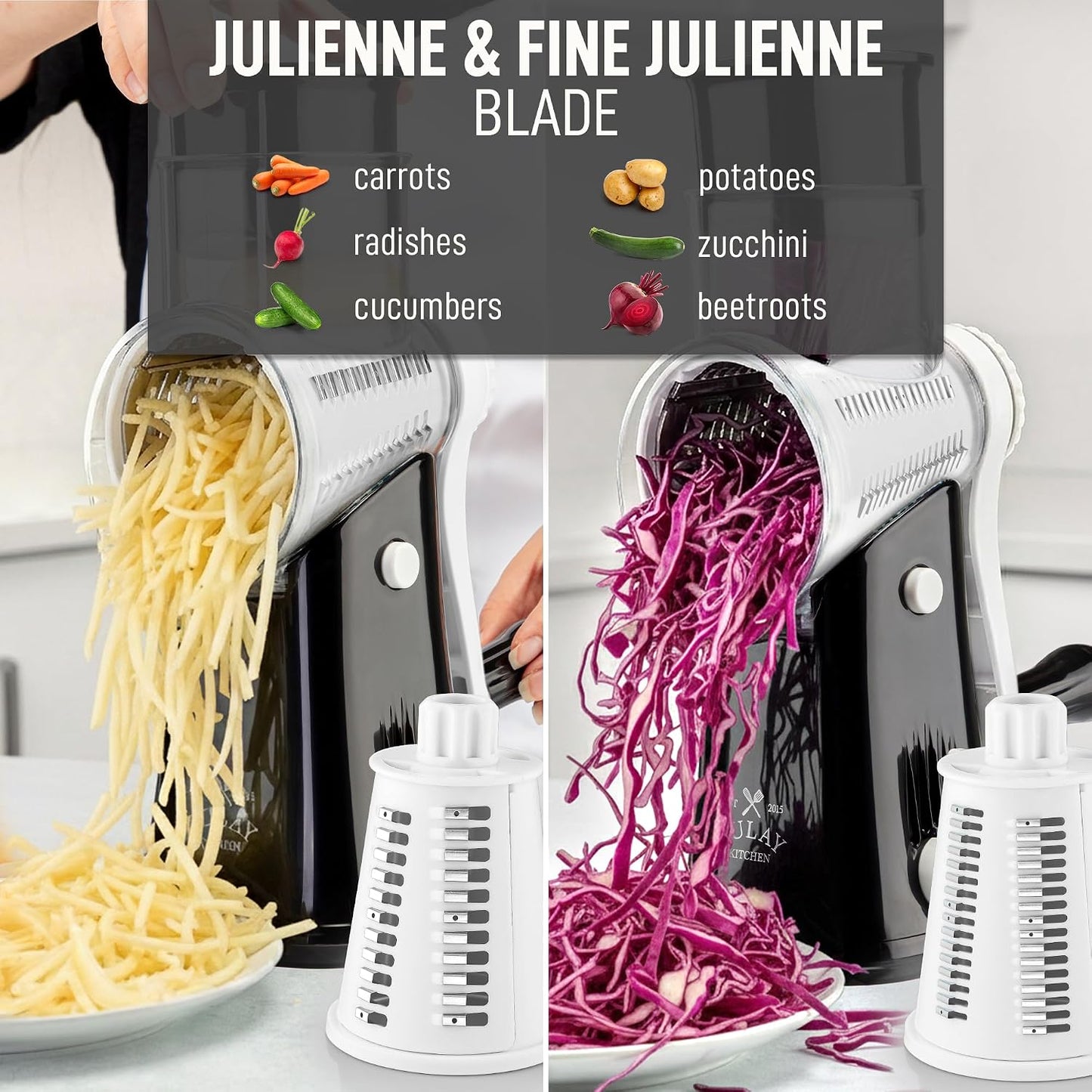 Zulay Kitchen Rotary Cheese Grater 5 Blade Cheese Shredder - Manual Hand Crank Cheese Grater With Reinforced Suction & 5 Interchangeable Drums - Easy to Use, Vegetable Chopper Round Mandoline Slicer - Colors B