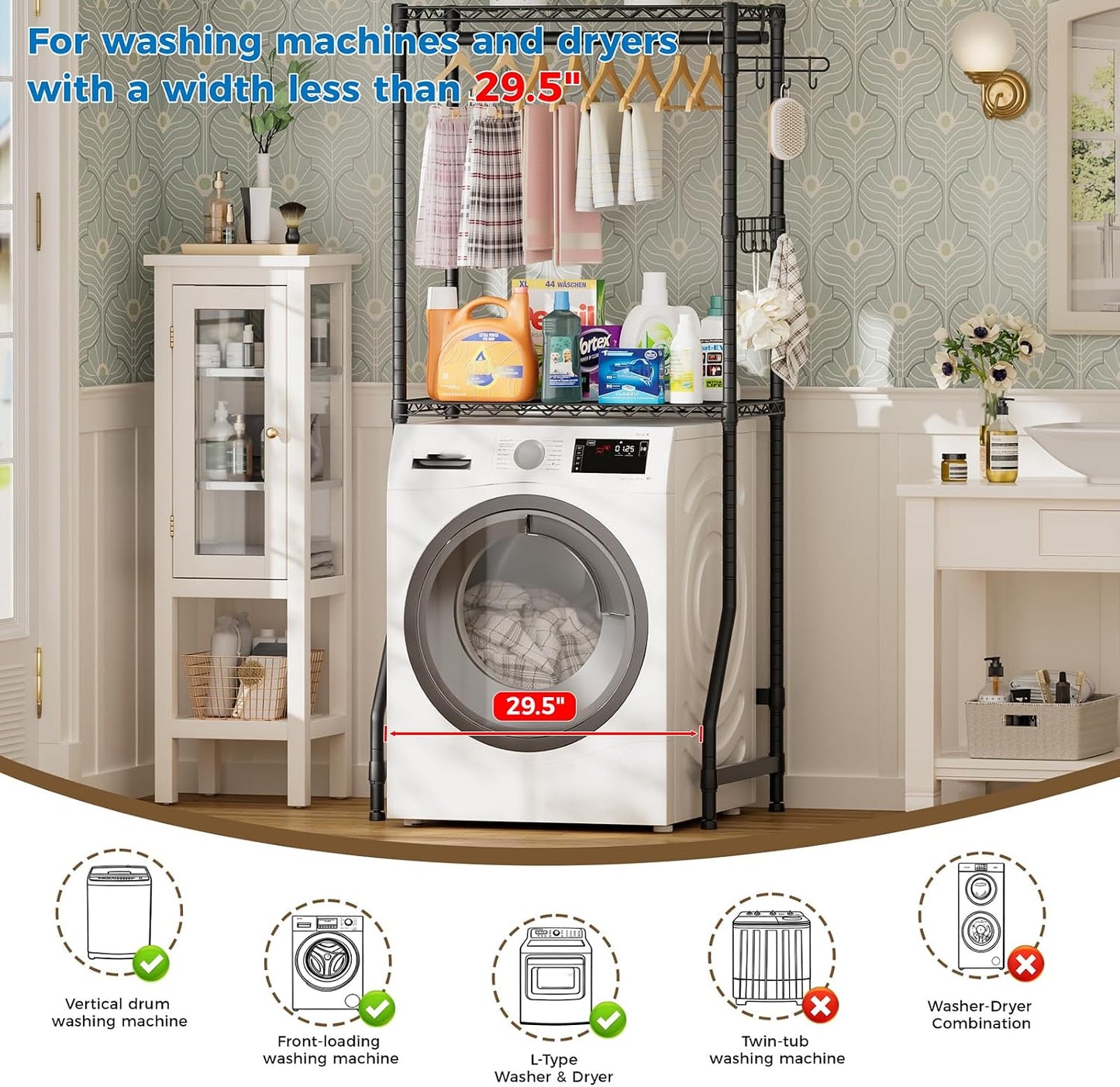 Golpart Laundry Organizer Shelves Over the Washer and Dryer Storage Shelf | Heavy Duty Laundry Room Organization Clothes Drying Rack Adjustable Height Wire Shelving and Wire Basket with Hanger Rod