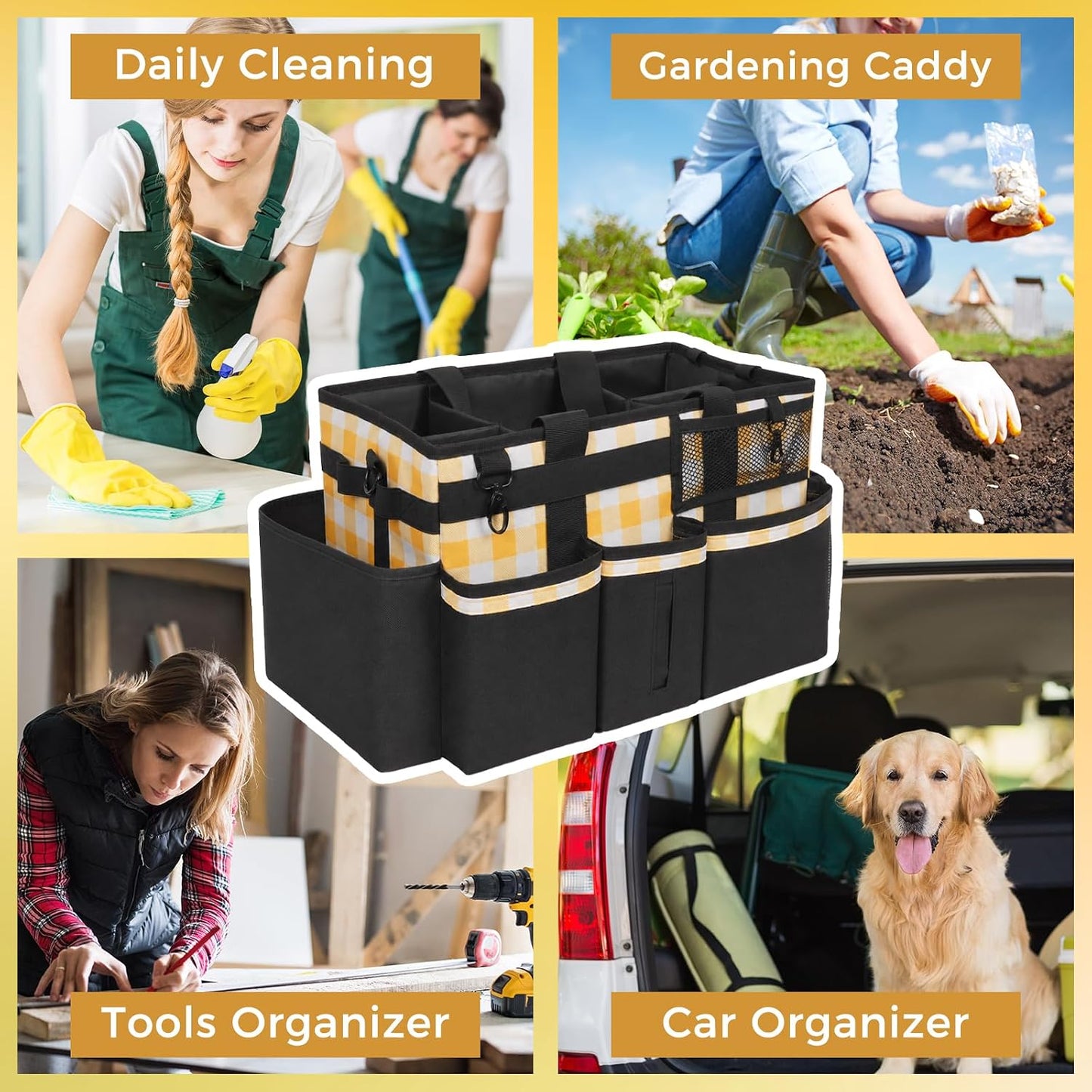 SCAVATA Wearable Cleaning Caddy, Cleaning Caddy Supplies Organizer with Handle & Shoulder Straps for Housekeepers, Under Sink & Car Cleaning Tool Organizers Bag with 4 Foldable Divider (NavyBlue)
