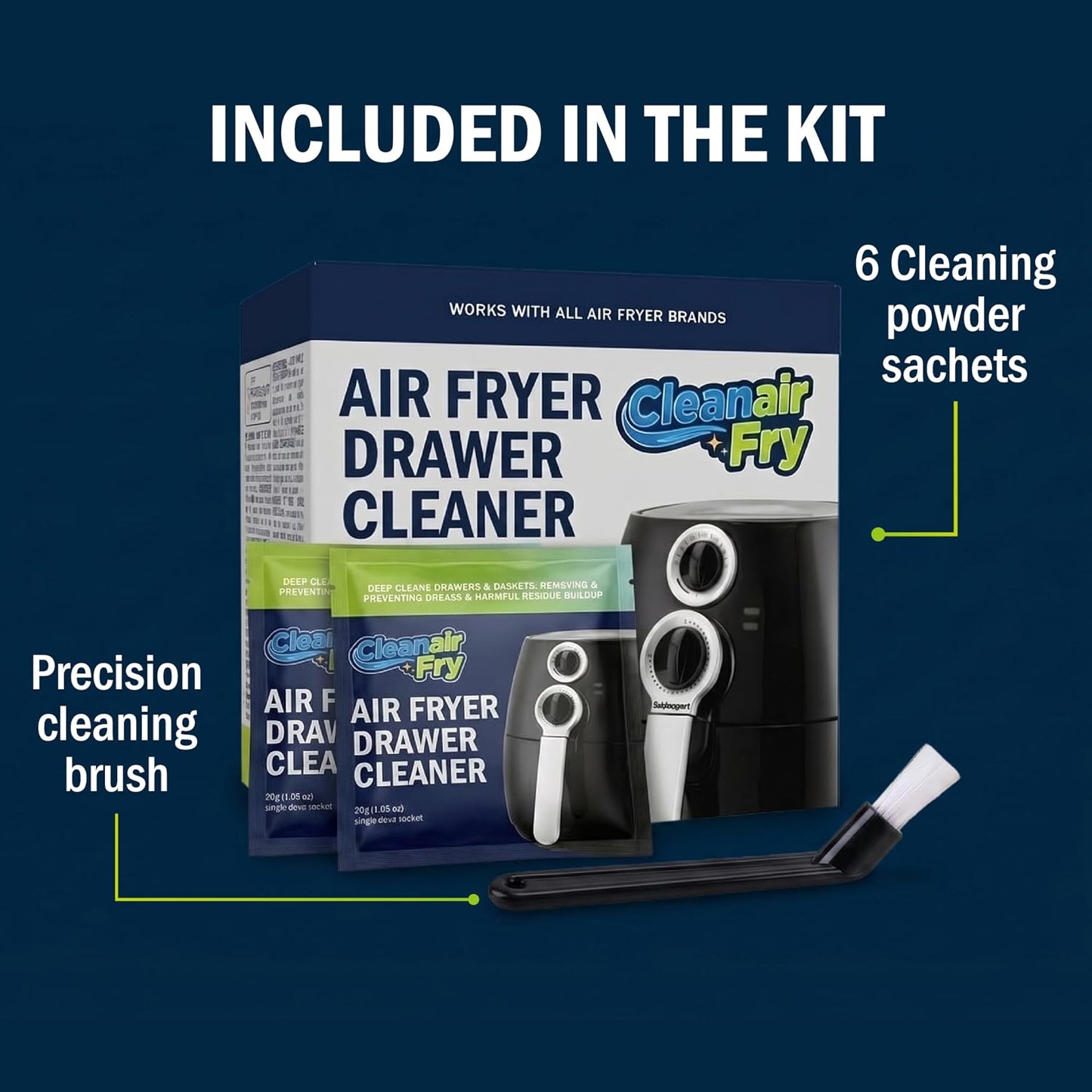 Air Fryer Cleaner and Degreaser. 6 Powder Sachets with Brush. Cuts Grease, Burnt Food and Odors. For Basket, Drawer, Grill and Crisper Plate. Nonstick Safe