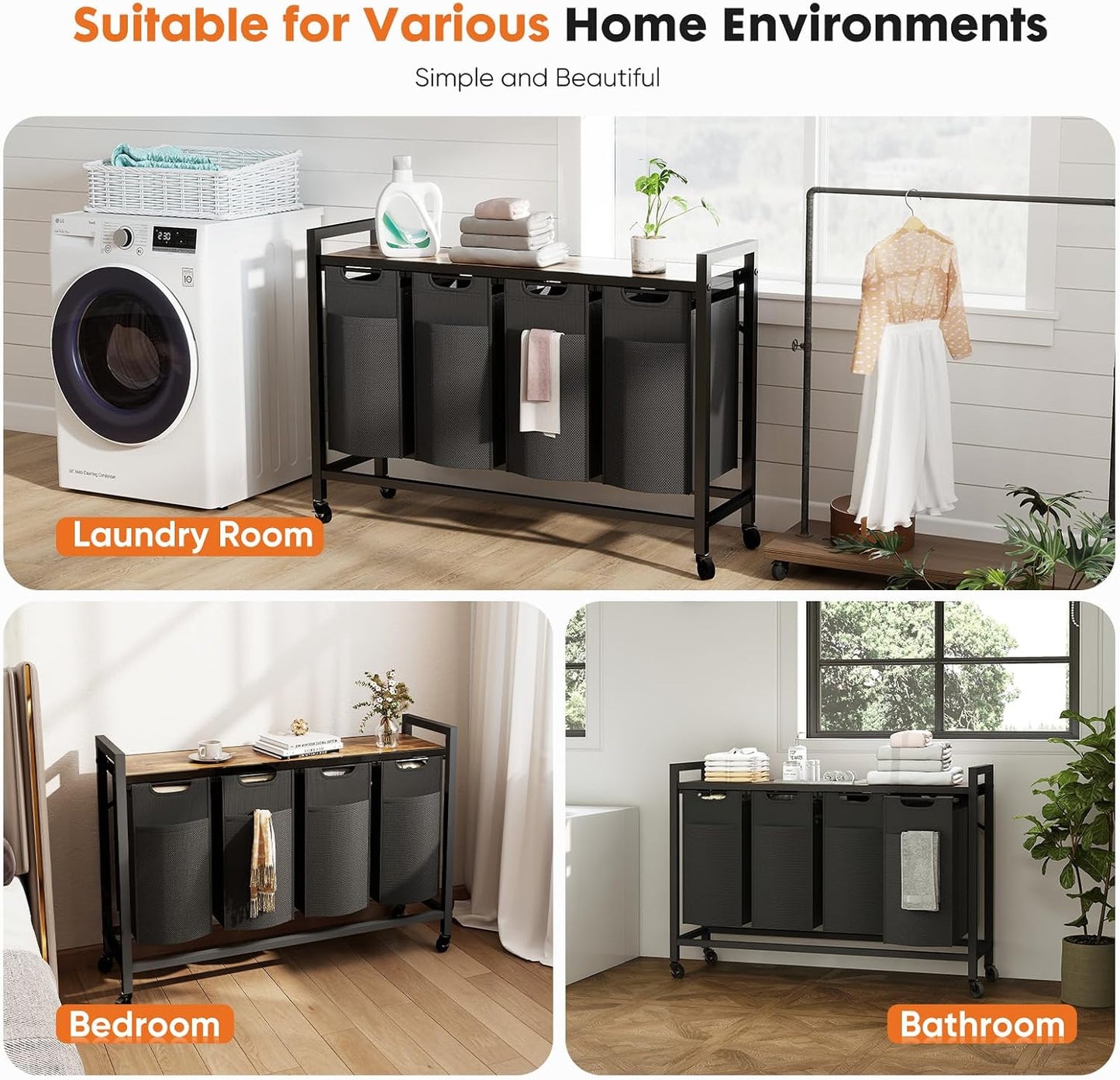 NEWBULIG Laundry Hamper Sorter with Wheels, Rolling Laundry Basket with Shelf & Removable Pull-Out Bag, Dirty Clothes Hamper for Room Organizer, 3 x 10.6 Gal (120L) - Rustic Brown and Black