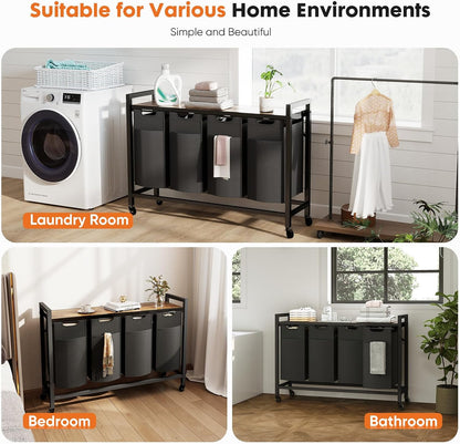 NEWBULIG Laundry Hamper Sorter with Wheels, Rolling Laundry Basket with Shelf & Removable Pull-Out Bag, Dirty Clothes Hamper for Room Organizer, 3 x 10.6 Gal (120L) - Rustic Brown and Black