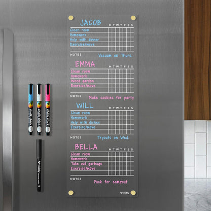 Magnetic Acrylic Chore Chart for Fridge - 7” x 18” Wet-Erase Task Board with 4 Magnetic Markers, Clear Reusable Refrigerator Organizer with Black Magnets