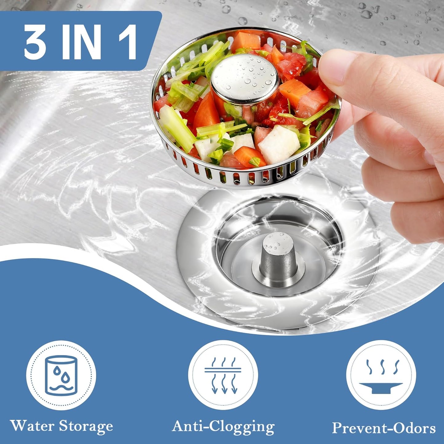 TGOSOMT Kitchen Sink Drain Strainer Stopper, Anti-Clog & Quick Drain | 3-IN-1 Design, Stainless Steel 304, Removable Strainer Basket, Corrosion & Scratch Resistant, Fits US Standard 3-1/2" Drain
