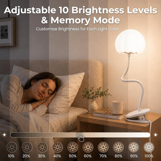 ShineTech Clip on Bed Light, 10 RGB Colors Bedside Reading Lamp for Dorm | 10-100% Stepless Dimming, Flower Desk Lamp, Memory Function, Flexible, USB Night Light for Kids Nursery Headboard