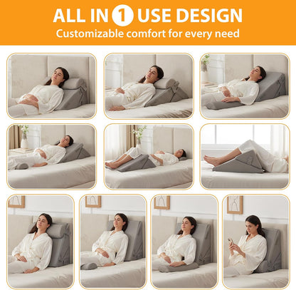 Ruqmuis Wedge Pillow Set for After Surgery, 3PCS Adjustable 9&12 Inch Bed Wedge Pillow for Sleeping, Incline Pillow Wedge for Headboard, Post Surgery, Acid Reflux, Neck&Back Support, White/Grey