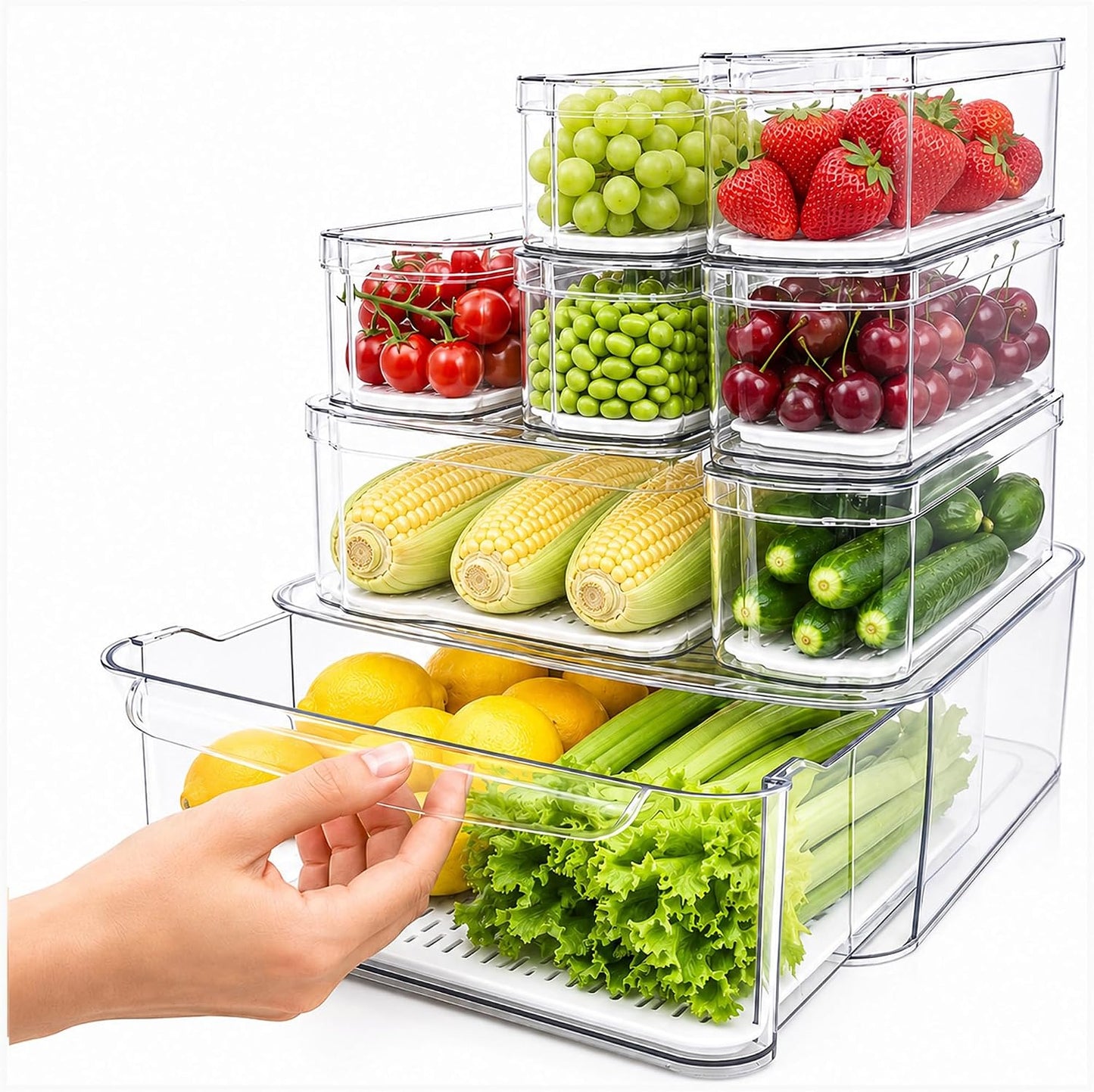 SMRCAD Clear Fridge Bins with Drain Trays - BPA-Free PET, Stackable(6 Pack) | 6 Pack: 1 Drawer + 5 lidded Bins, Helps Keep Produce Fresh, 16.3L Capacity, Hand Wash Only