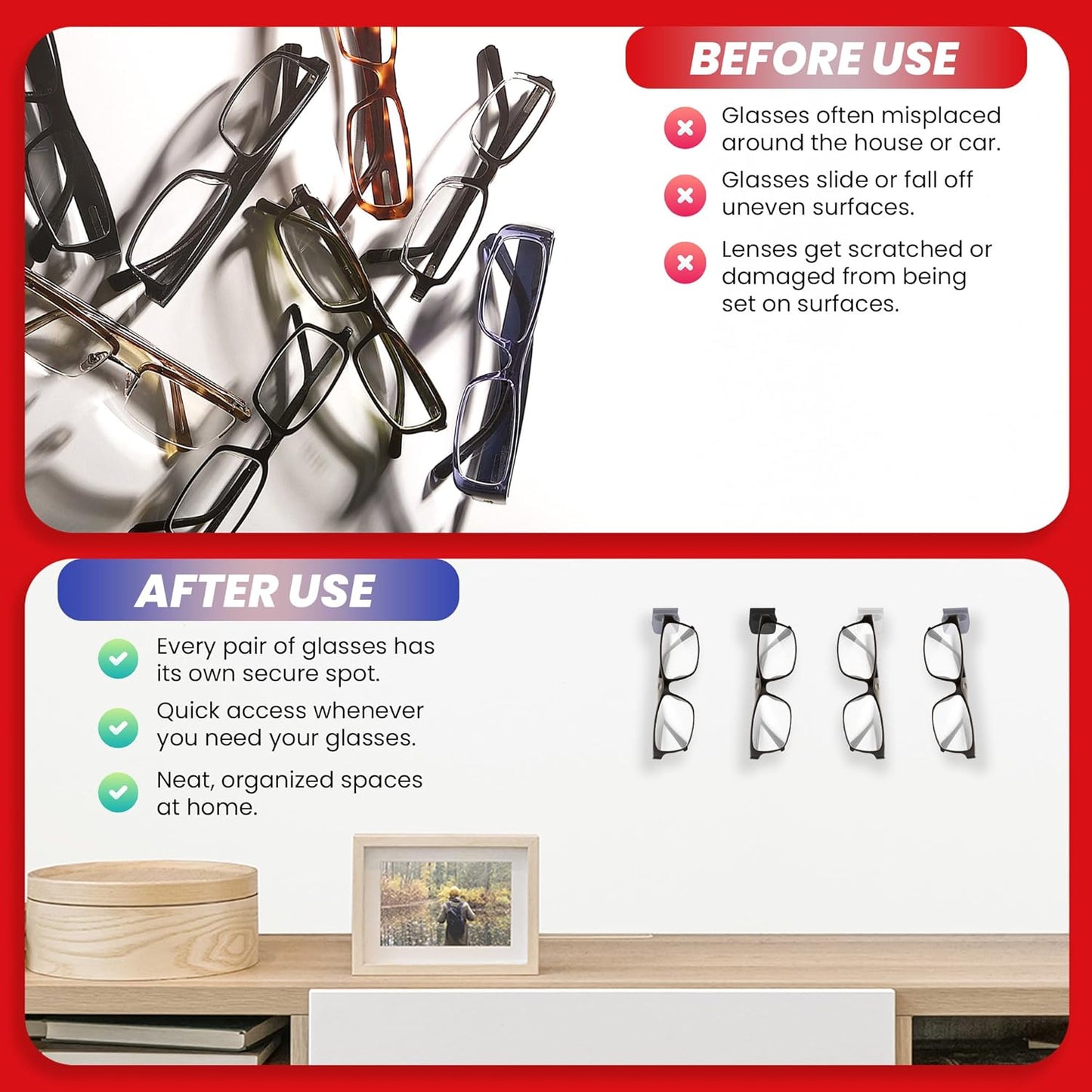 Glasses Keep Sunglass Organizer, Wall Mounted Eyeglass Holder, 6 Pack | Compact Sunglass Holder, Sunglass Hanger with Strong Adhesive Hold, Woodworking Shop & Dashboard Use, Prevent Misplacement