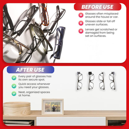 Glasses Keep Sunglass Organizer, Wall Mounted Eyeglass Holder, 6 Pack | Compact Sunglass Holder, Sunglass Hanger with Strong Adhesive Hold, Woodworking Shop & Dashboard Use, Prevent Misplacement