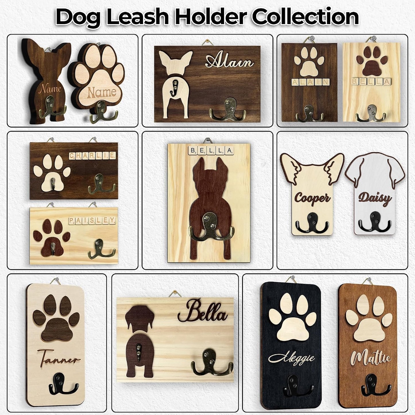 Dog Leash Holder Wall Mount, Pet Harness Hanger with Scrabble Letters, Dog Collar Organizer for Entryway, Memorial Cat Leash Holder for Wall, Pet Loss Gifts, Keepsake, Home Decor PF212-NAT