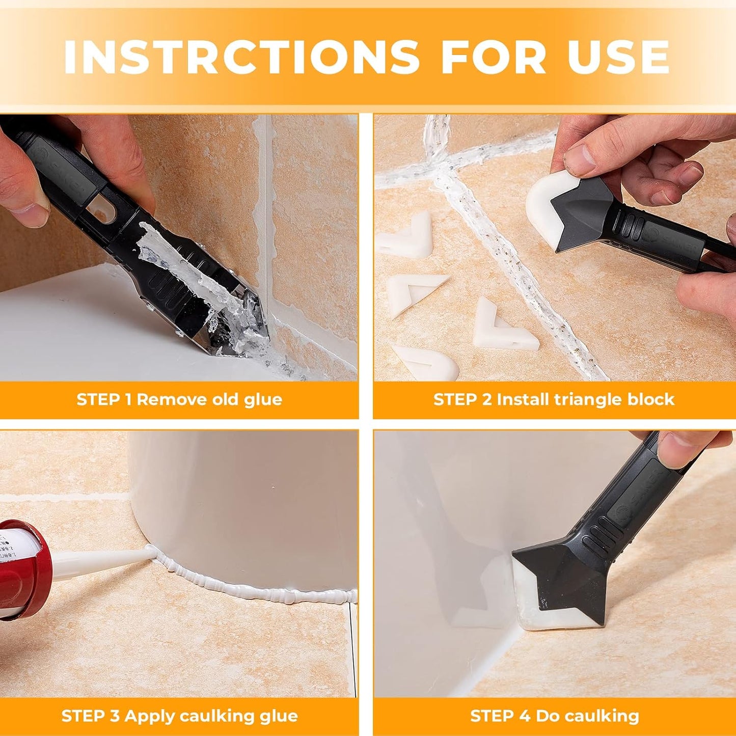 Saker Silicone Caulking Tool 3-in-1 Grout Removal Tool Classic Black | Sealant Finishing Scraper with Stainless Steelhead, Seam Repair Kit for Bathroom, Kitchen, Floor, Window and Sink Joints