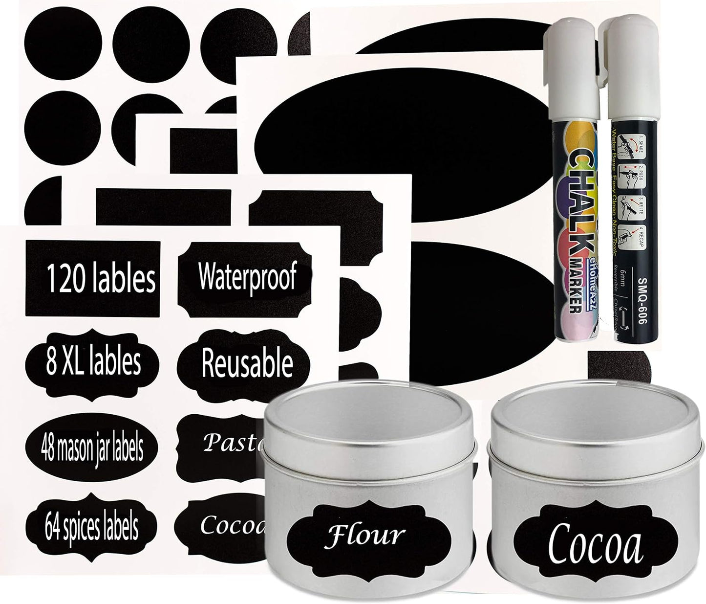 Chalkboard Jar Labels for Canning Mason Jars Premium Reusable Stickers Glass Chalk + 2 Large Erasable Markers (120 Labels)