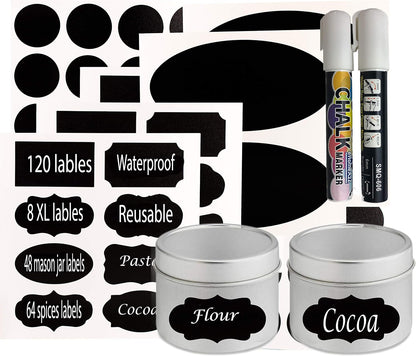 Chalkboard Jar Labels for Canning Mason Jars Premium Reusable Stickers Glass Chalk + 2 Large Erasable Markers (120 Labels)