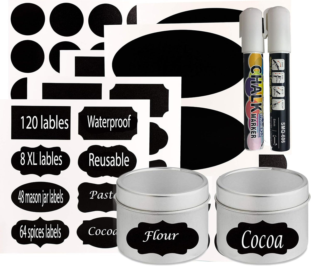 Chalkboard Jar Labels for Canning Mason Jars Premium Reusable Stickers Glass Chalk + 2 Large Erasable Markers (120 Labels)