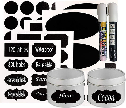 Chalkboard Jar Labels for Canning Mason Jars Premium Reusable Stickers Glass Chalk + 2 Large Erasable Markers (120 Labels)