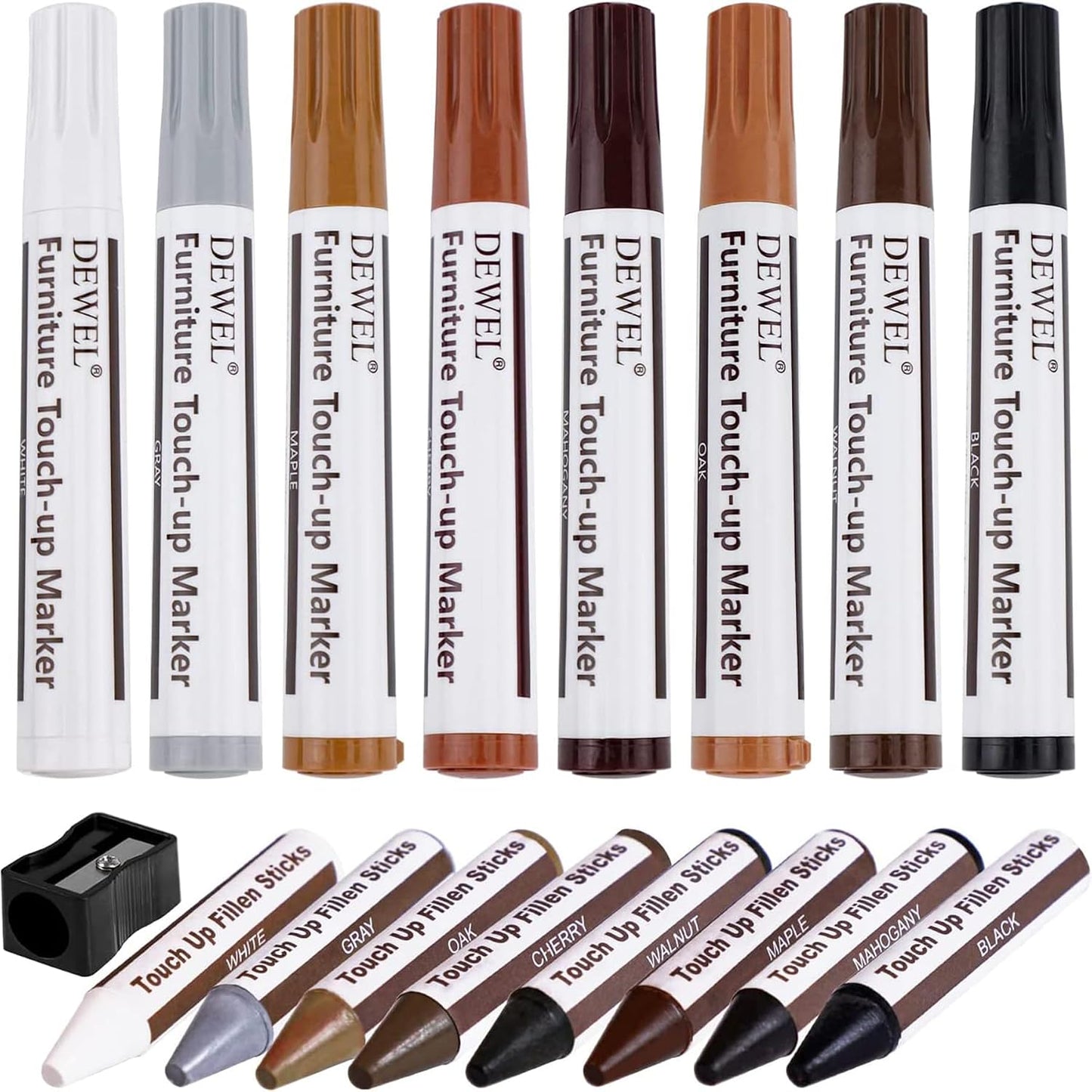 DEWEL Furniture Touch Up Markers, 17-Piece Wood Repair Kit with Wax Sticks | 8 Wood Touch Up Markers + 8 Wax Filler Sticks + Sharpener; Maple, Oak, Cherry, Walnut, Mahogany, White, Gray & Black