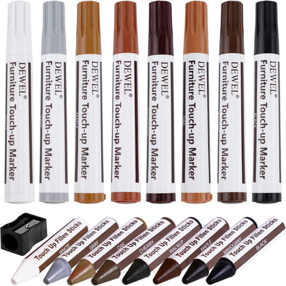 DEWEL Furniture Touch Up Markers, 17-Piece Wood Repair Kit with Wax Sticks | 8 Wood Touch Up Markers + 8 Wax Filler Sticks + Sharpener; Maple, Oak, Cherry, Walnut, Mahogany, White, Gray & Black