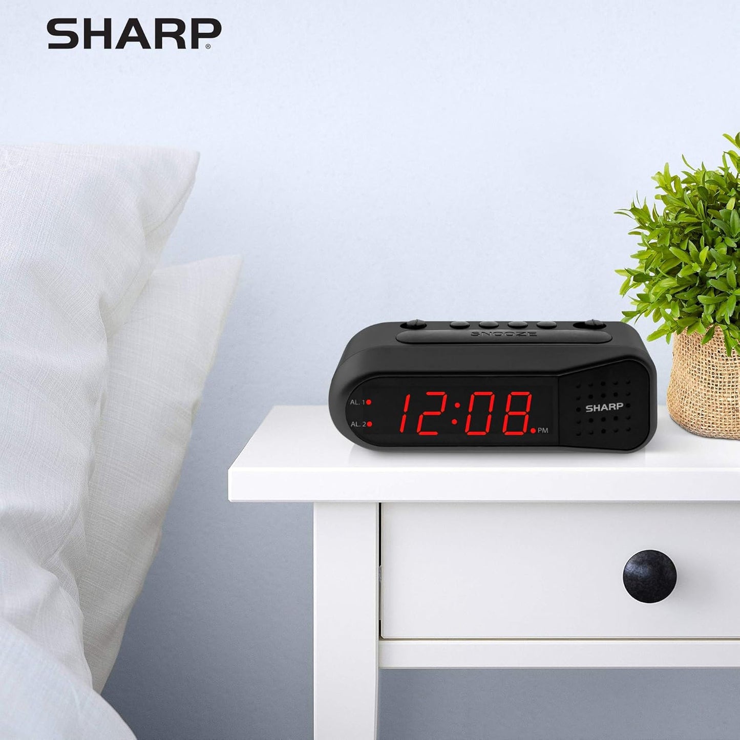 Sharp Digital Alarm Clock for Heavy Sleepers, Dual Alarm, Red LED, Black | Ascending wake sound, weekday/weekend scheduling, 9-minute snooze, easy-set controls, 2 AA backup, bedroom, dorm, office