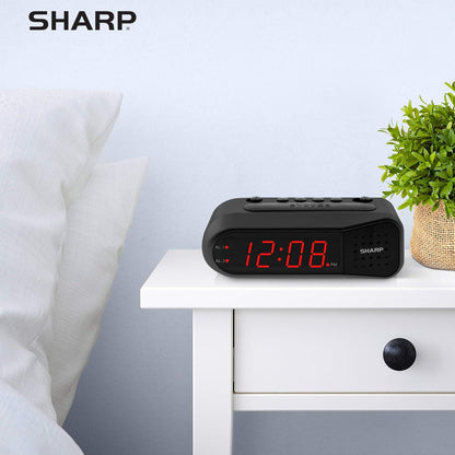 Sharp Digital Alarm Clock for Heavy Sleepers, Dual Alarm, Red LED, Black | Ascending wake sound, weekday/weekend scheduling, 9-minute snooze, easy-set controls, 2 AA backup, bedroom, dorm, office