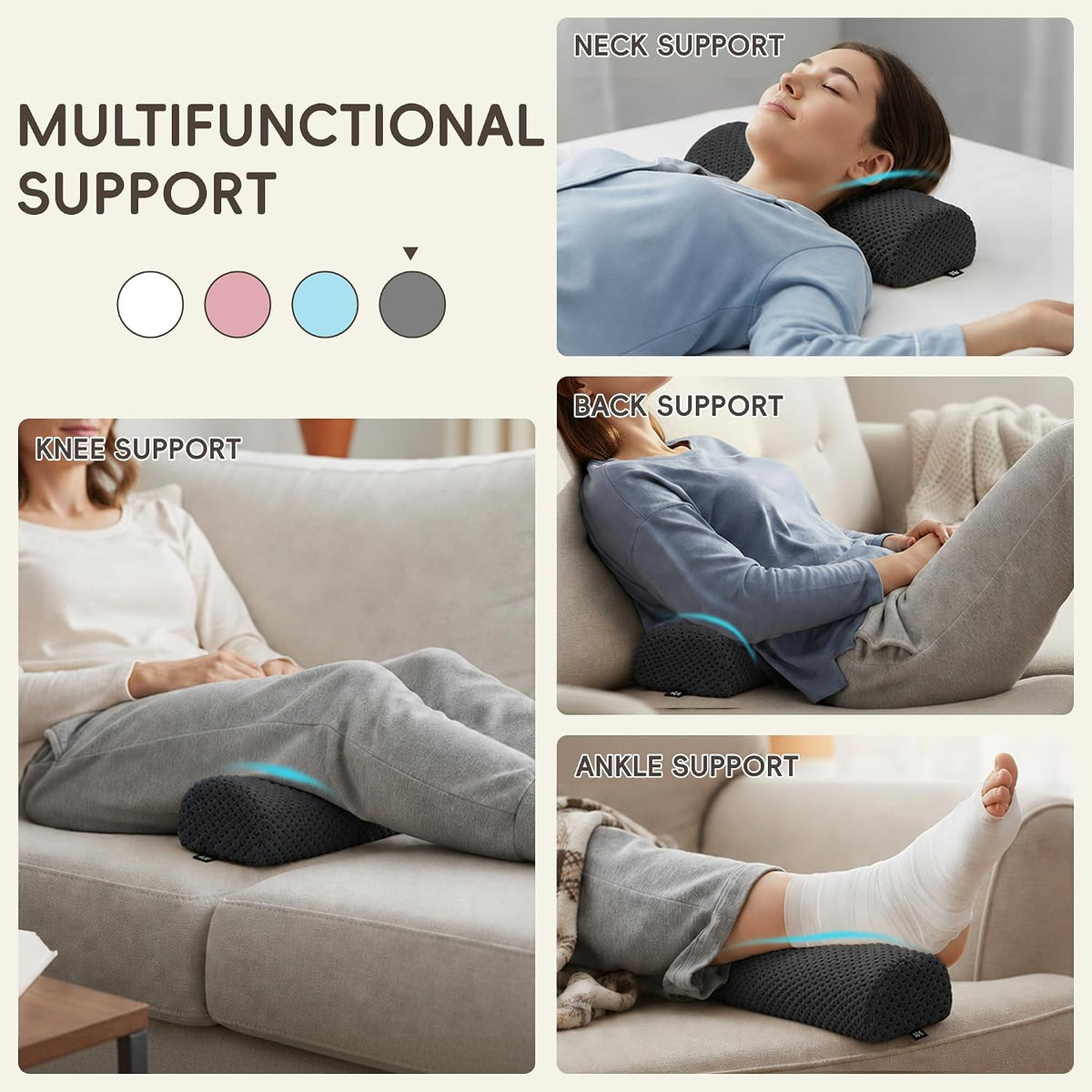 SPRING SEAON Half Moon Bolster Knee Pillow for Back Sleeping Memory Foam Leg Pillow for Ankle and Foot Comfort Under Knee Pillow for Side Sleepers Machine Washable Cover(17" x 7.5" x 4.3")