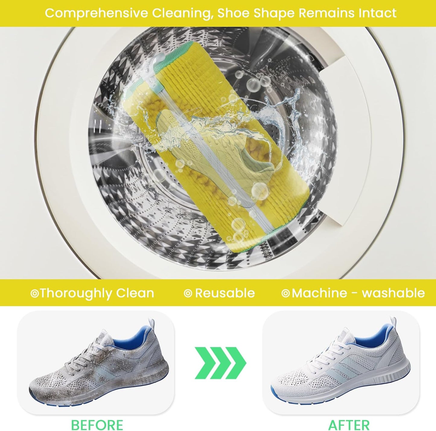 1 Pcs Shoe Washing Machine Bag, White | Extra Long and Thick Microfibre Fluff, Reusable for Washer & Dryer, All-Around Cleaning for All Shoe Types