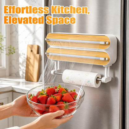 3 in 1 Plastic Wrap Dispenser with Cutter,Wooden Aluminum Foil Organizer | Magnetic Holder with Kitchen Towel Holder, Wall Mount Kitchen Wrap Dispenser for Pantry and Kitchen Cabinet