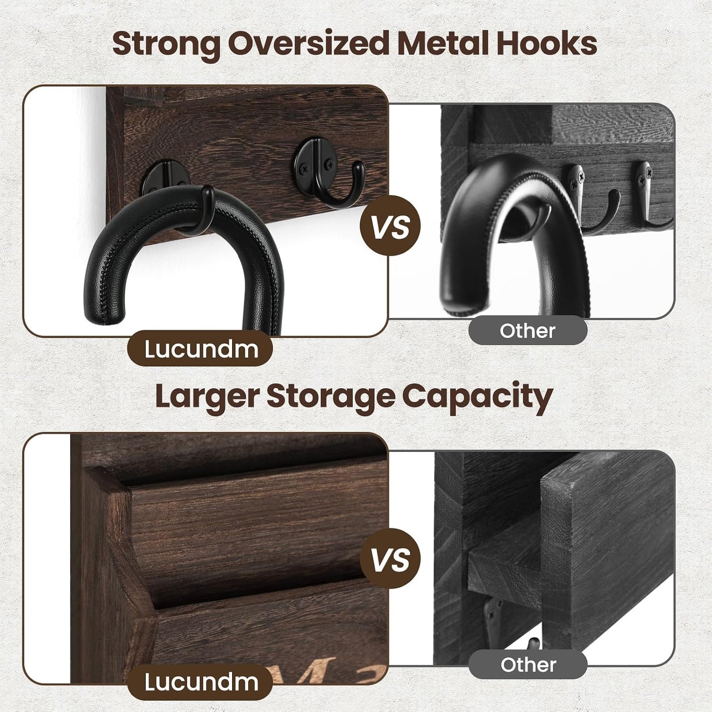 Mail and Key Holder, Wall Key Holder with 2 Mail Organizer Slot and 3 Hooks | Decorative 8.86" x 11.42" Mail Holder, Real Paulownia Wood with Keyhole Brackets, Hardware and Instructions