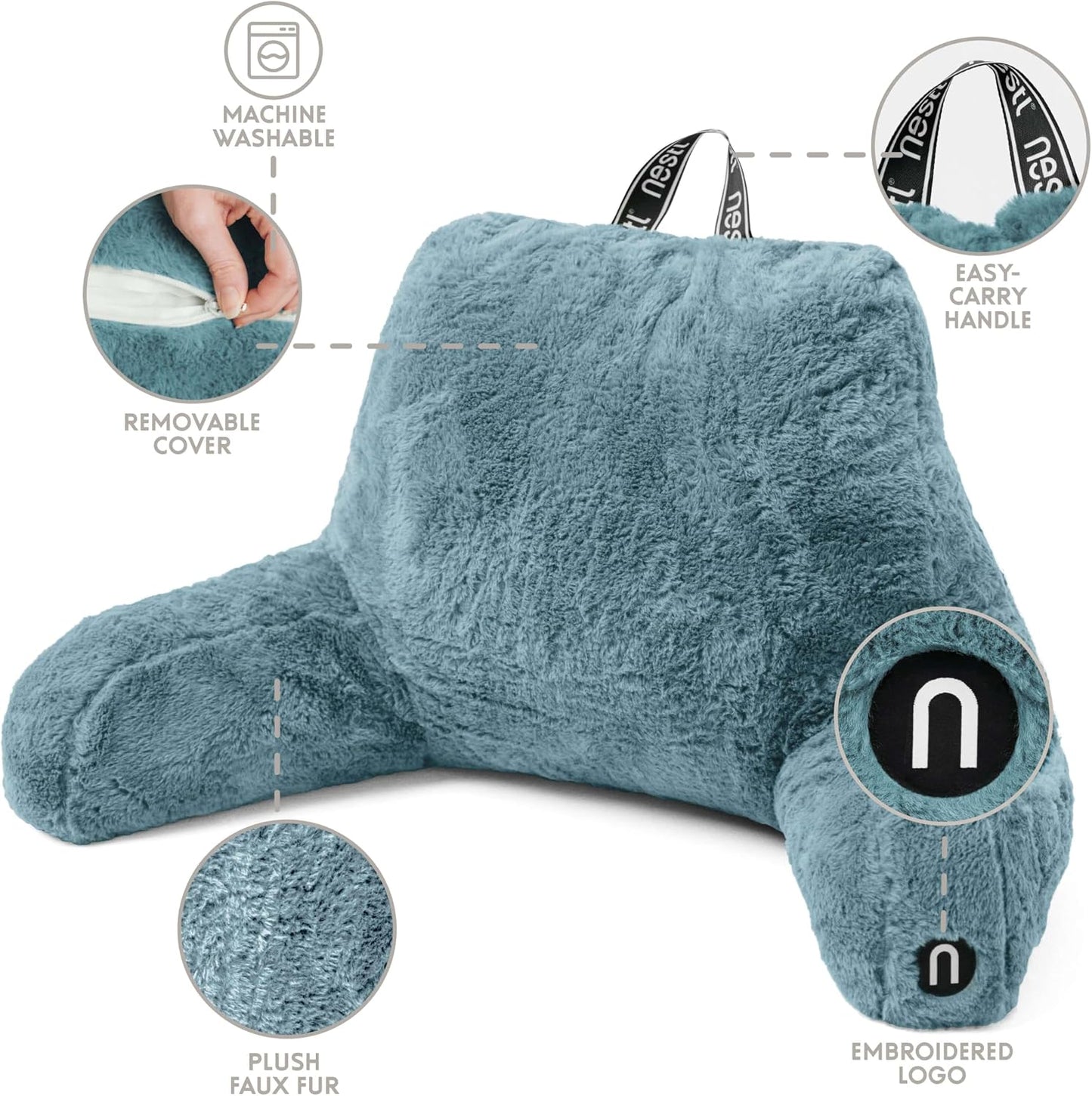 Nestl Fur Reading Pillow with Shredded Memory Foam, Stylish Back Pillow for Bed Sitting Up, Faux Fur Reading Pillows for Sitting in Bed Adult & Kids, Sit Up Back Support Pillow with Arms - Dark Grey